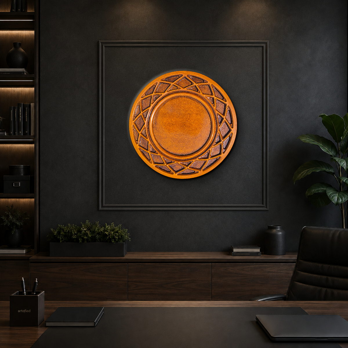 Geometric Circle in Warm Terracotta – Layered geometry glows amber against charcoal stillness. – Wood Cutout Wall Art - Artofied