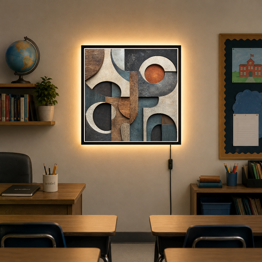 Geometric Circles and Forms Composition – Circular voids breathe through muted earth – Acrylic Glowing Frame - Artofied