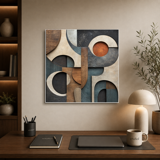 Geometric Circles and Forms Composition – Circular voids breathe through muted earth – Premium Metal Poster - Artofied