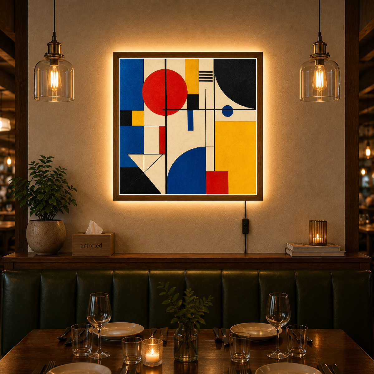 Geometric Harmony in Primary Colours – Red circle commands. Blue arcs answer. – Acrylic Glowing Frame - Artofied
