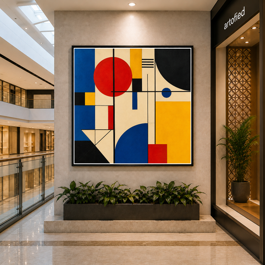 Geometric Harmony in Primary Colours – Red circle commands. Blue arcs answer. – Framed Metal Poster - Artofied