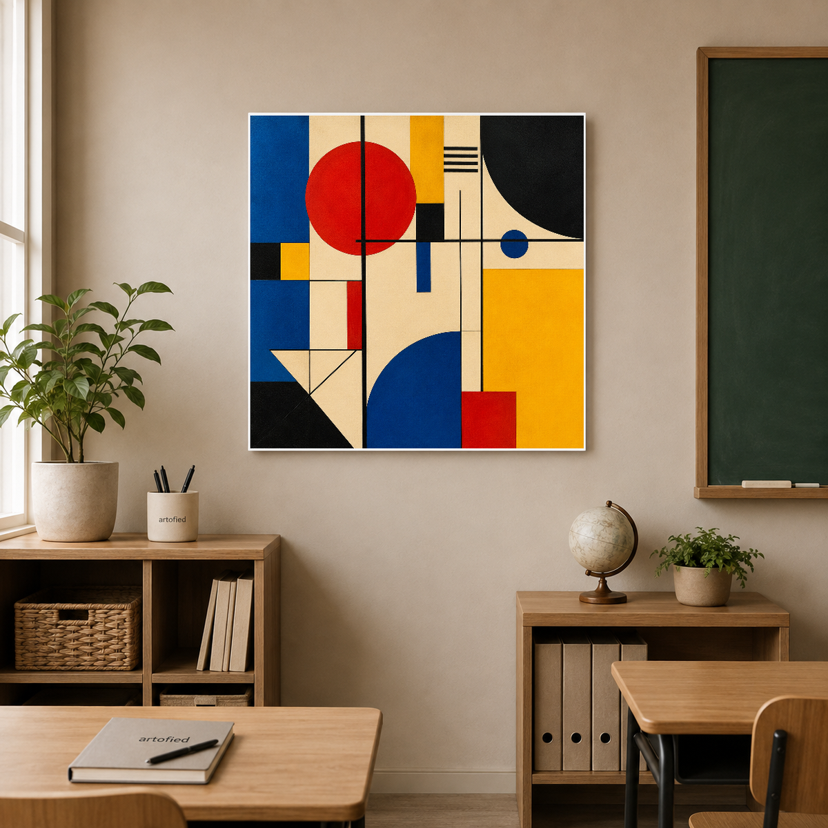 Geometric Harmony in Primary Colours – Red circle commands. Blue arcs answer. – Premium Metal Poster - Artofied