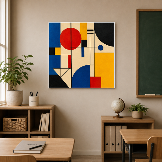Geometric Harmony in Primary Colours – Red circle commands. Blue arcs answer. – Premium Metal Poster - Artofied