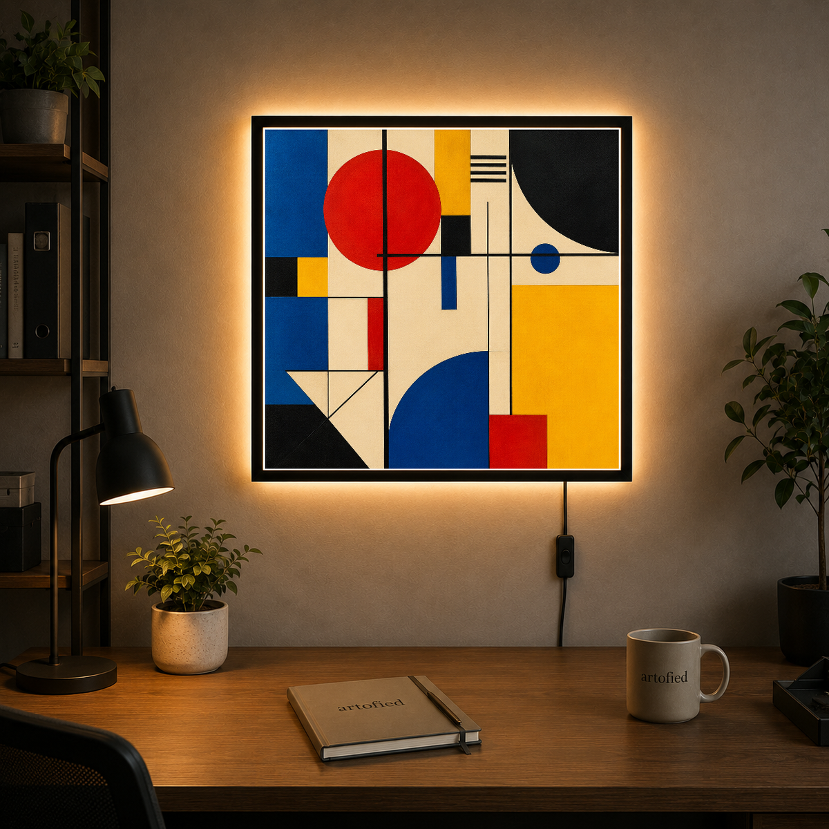 Geometric Harmony in Primary Colours – Red circle commands. Blue arcs answer. – Photo Frame Wall Lamp - Artofied