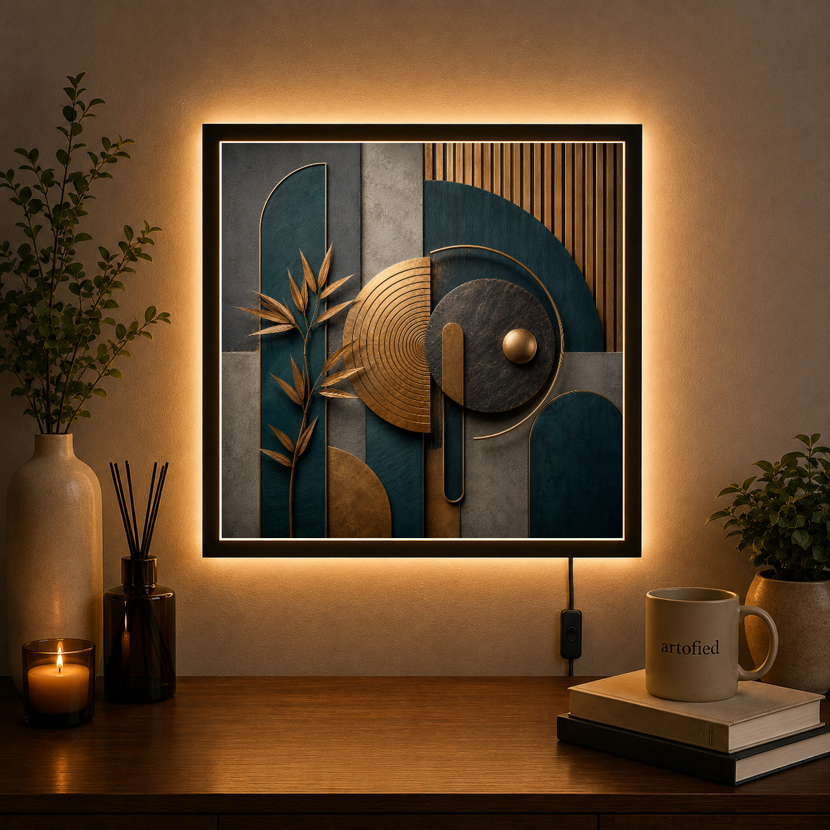Geometric Harmony in Teal and Gold – Curves and circles glow in teal and gold – Acrylic Glowing Frame - Artofied