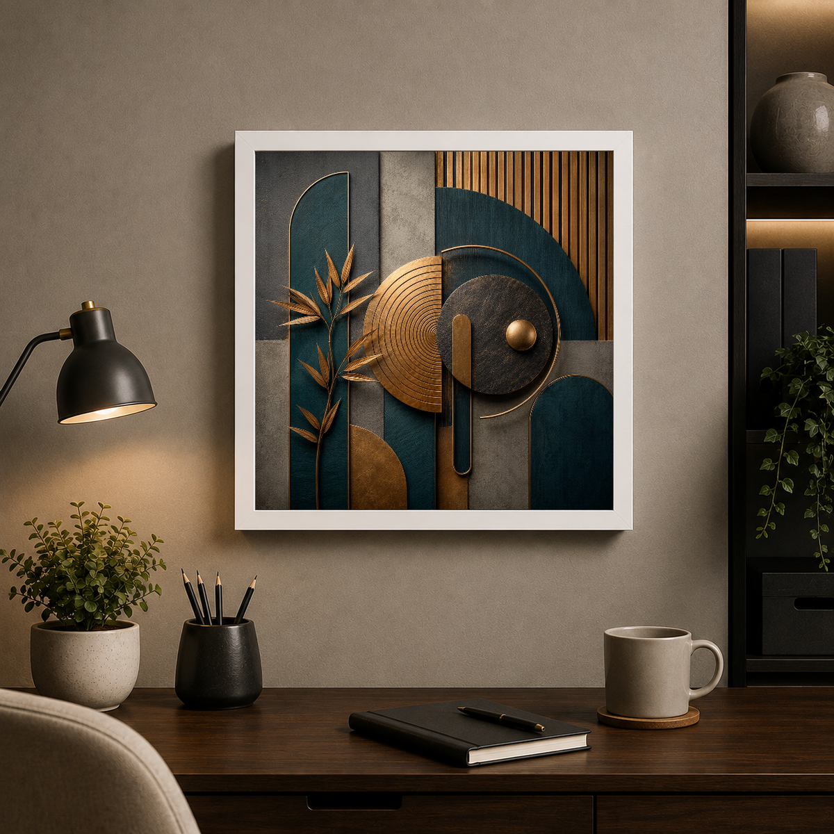Geometric Harmony in Teal and Gold – Curves and circles glow in teal and gold – Framed Metal Poster - Artofied