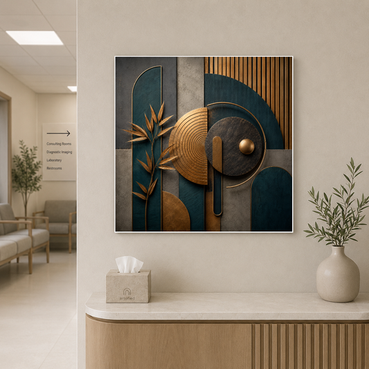 Geometric Harmony in Teal and Gold – Curves and circles glow in teal and gold – Premium Metal Poster - Artofied
