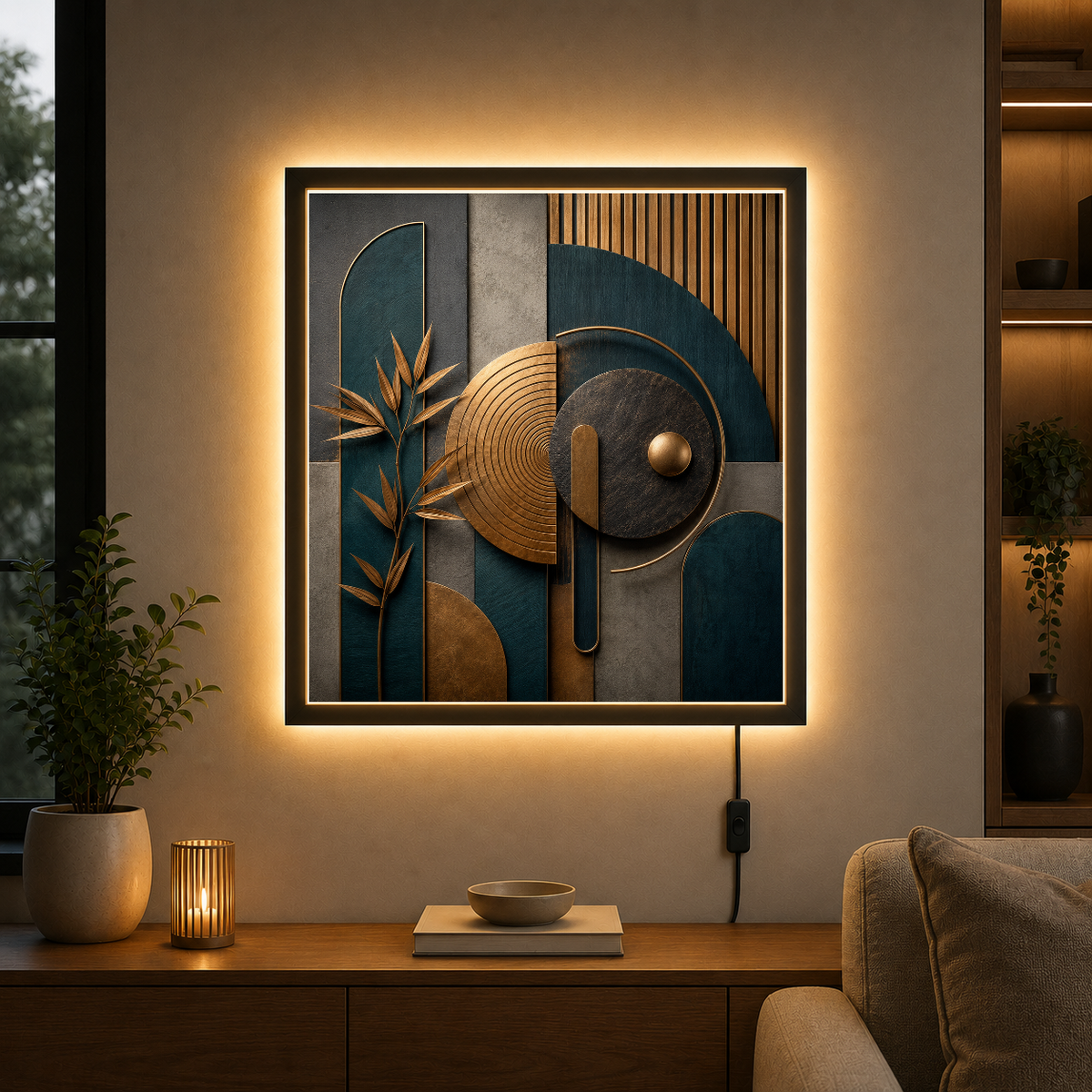 Geometric Harmony in Teal and Gold – Curves and circles glow in teal and gold – Photo Frame Wall Lamp - Artofied