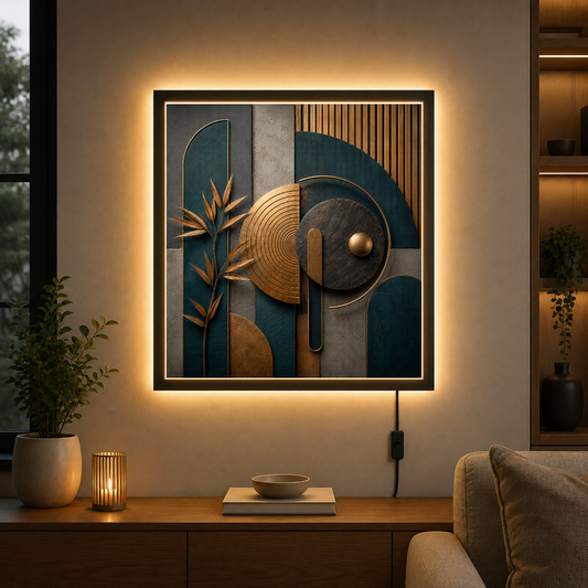 Geometric Harmony in Teal and Gold – Curves and circles glow in teal and gold – Photo Frame Wall Lamp - Artofied