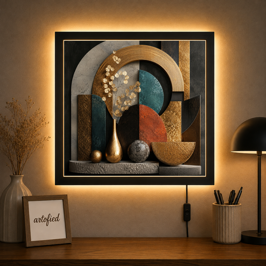 Geometric Reverie in Gold and Teal – Layered geometry in gold and deep teal – Acrylic Glowing Frame - Artofied
