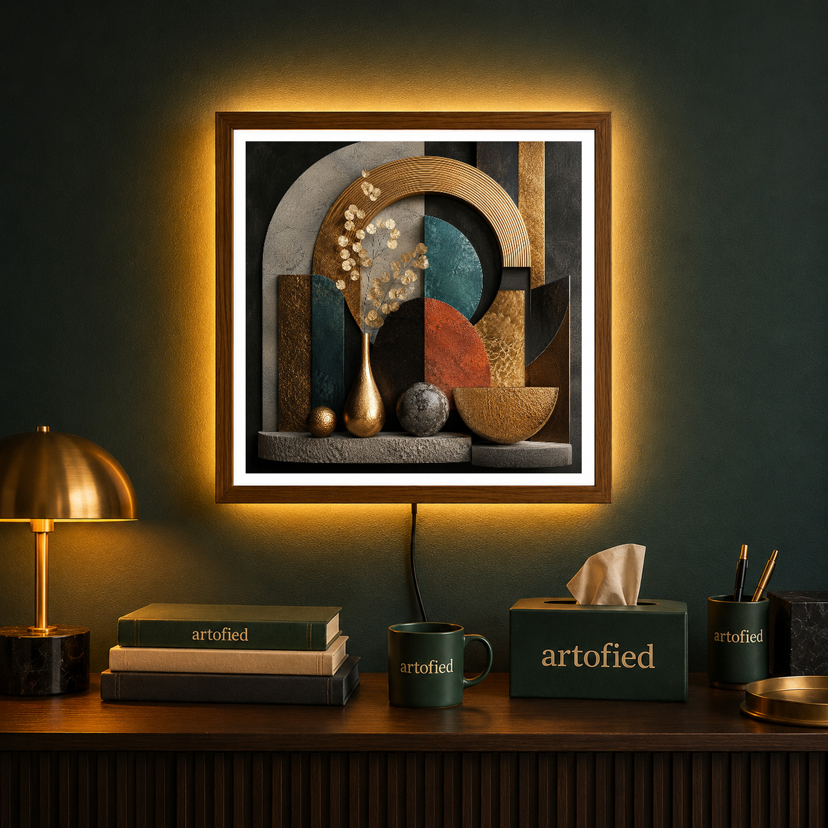Geometric Reverie in Gold and Teal – Gold and teal geometries, softened by flowers – Acrylic Glowing Frame - Artofied