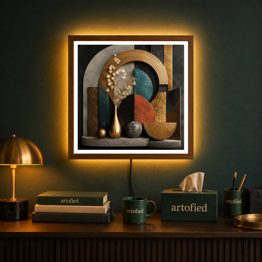 Geometric Reverie in Gold and Teal – Gold and teal geometries, softened by flowers – Acrylic Glowing Frame - Artofied