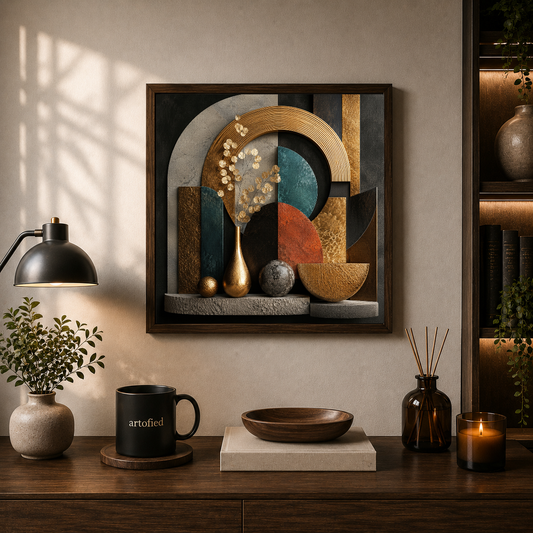 Geometric Reverie in Gold and Teal – Layered geometry in gold and deep teal – Framed Metal Poster - Artofied