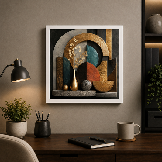 Geometric Reverie in Gold and Teal – Gold and teal geometries, softened by flowers – Framed Metal Poster - Artofied