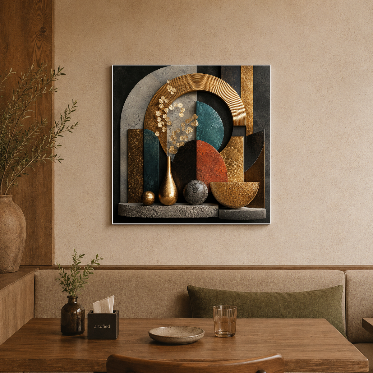 Geometric Reverie in Gold and Teal – Layered geometry in gold and deep teal – Premium Metal Poster - Artofied
