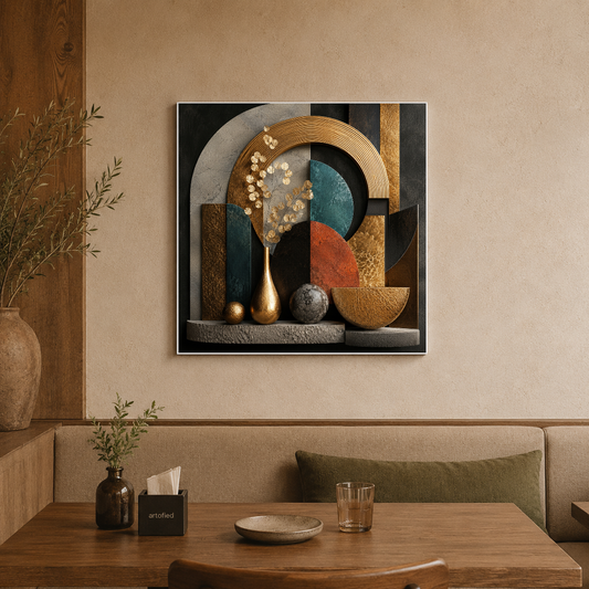 Geometric Reverie in Gold and Teal – Layered geometry in gold and deep teal – Premium Metal Poster - Artofied