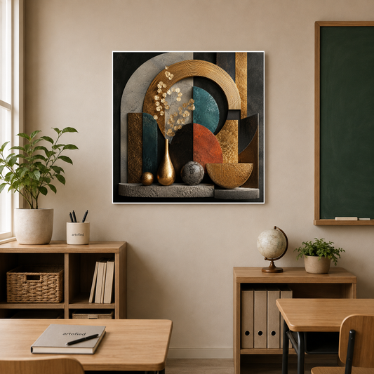 Geometric Reverie in Gold and Teal – Gold and teal geometries, softened by flowers – Premium Metal Poster - Artofied