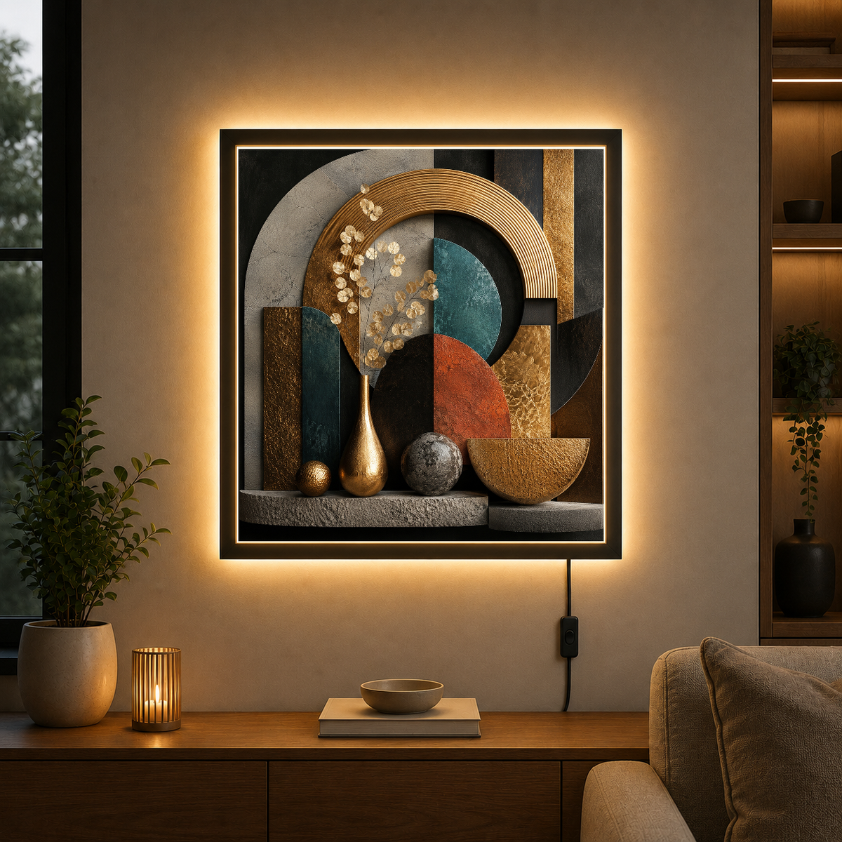 Geometric Reverie in Gold and Teal – Gold and teal geometries, softened by flowers – Photo Frame Wall Lamp - Artofied