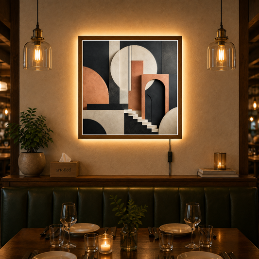 Geometric Sanctuary – Layered depth, balanced asymmetry, refined restraint – Acrylic Glowing Frame - Artofied