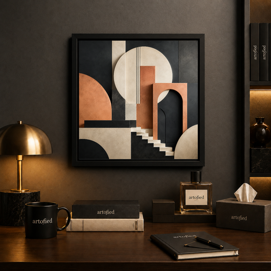 Geometric Sanctuary – Layered depth, balanced asymmetry, refined restraint – Framed Metal Poster - Artofied