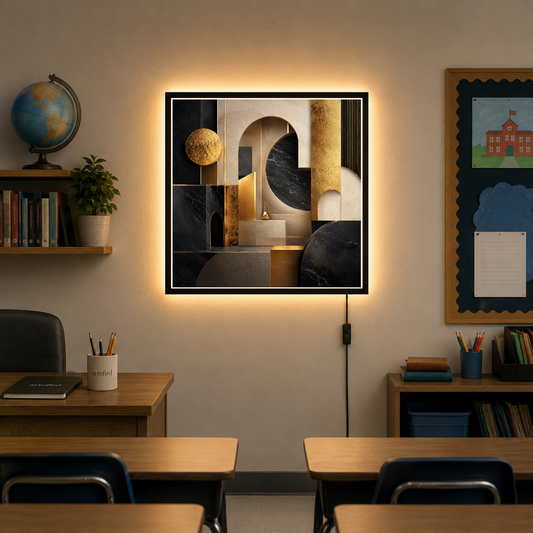 Geometric Sanctuary in Gold and Shadow – Stacked gold forms cast deliberate shadow – Acrylic Glowing Frame - Artofied