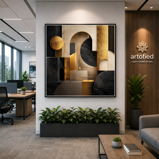 Geometric Sanctuary in Gold and Shadow – Stacked gold forms cast deliberate shadow – Framed Metal Poster - Artofied