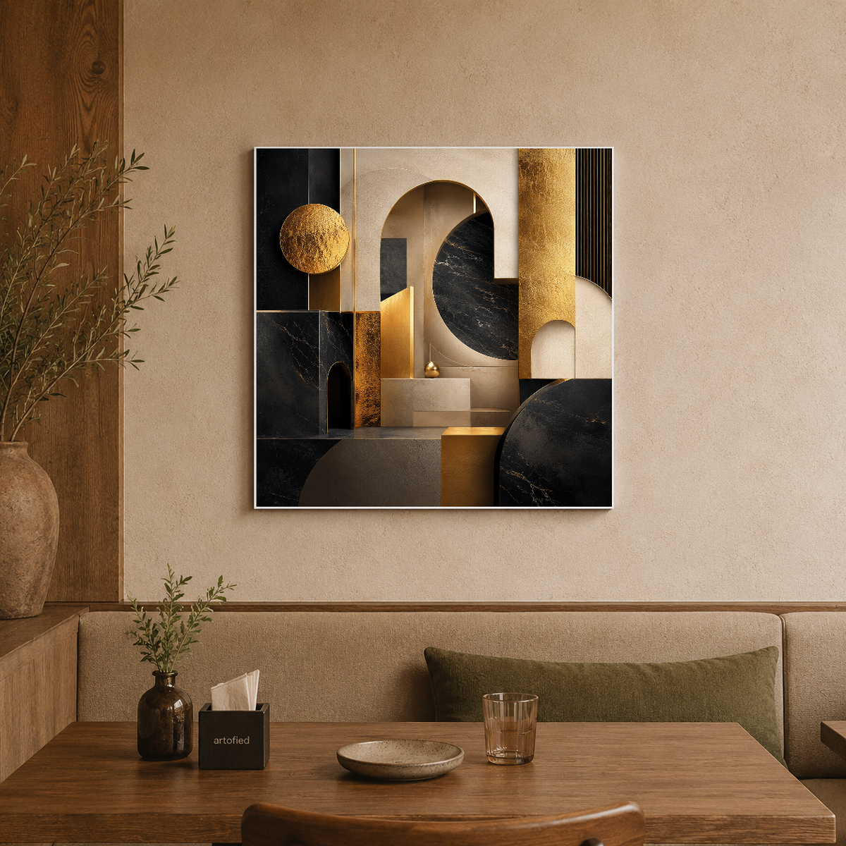 Geometric Sanctuary in Gold and Shadow – Stacked gold forms cast deliberate shadow – Premium Metal Poster - Artofied