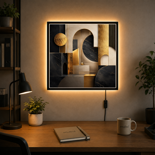 Geometric Sanctuary in Gold and Shadow – Stacked gold forms cast deliberate shadow – Photo Frame Wall Lamp - Artofied