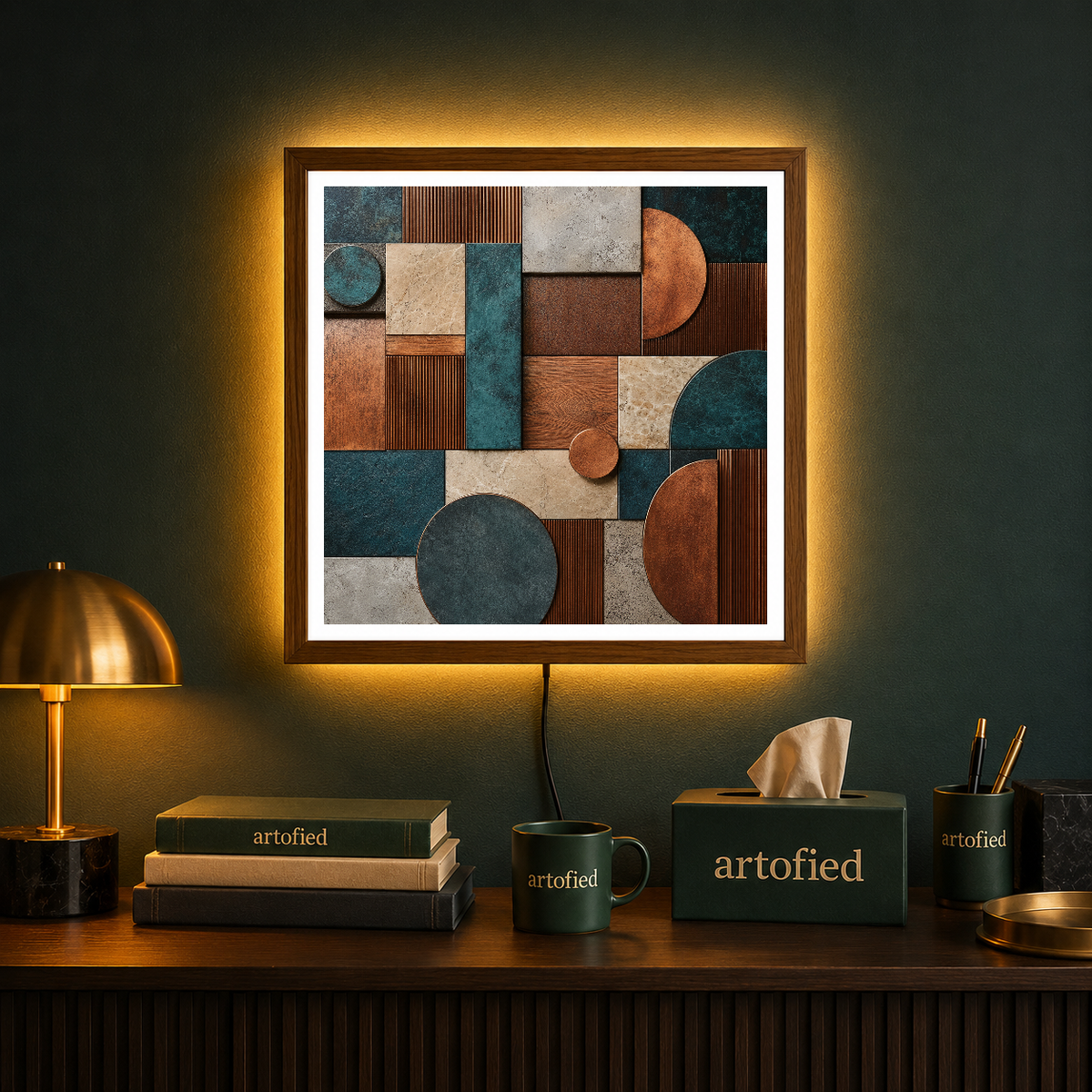 Geometric Tapestry in Teal and Copper – Interlocking forms in teal and copper – Acrylic Glowing Frame - Artofied