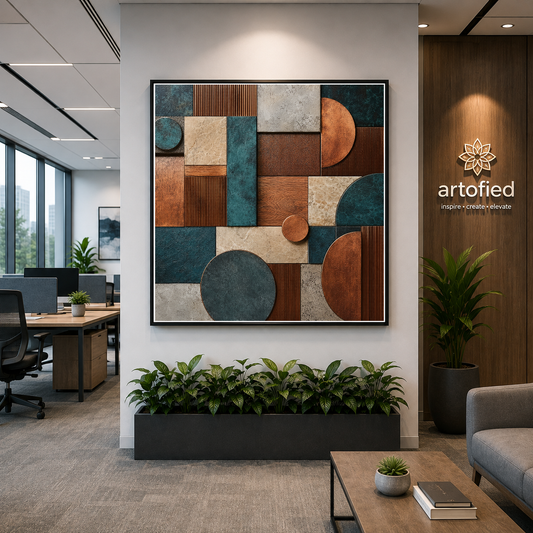 Geometric Tapestry in Teal and Copper – Interlocking forms in teal and copper – Framed Metal Poster - Artofied