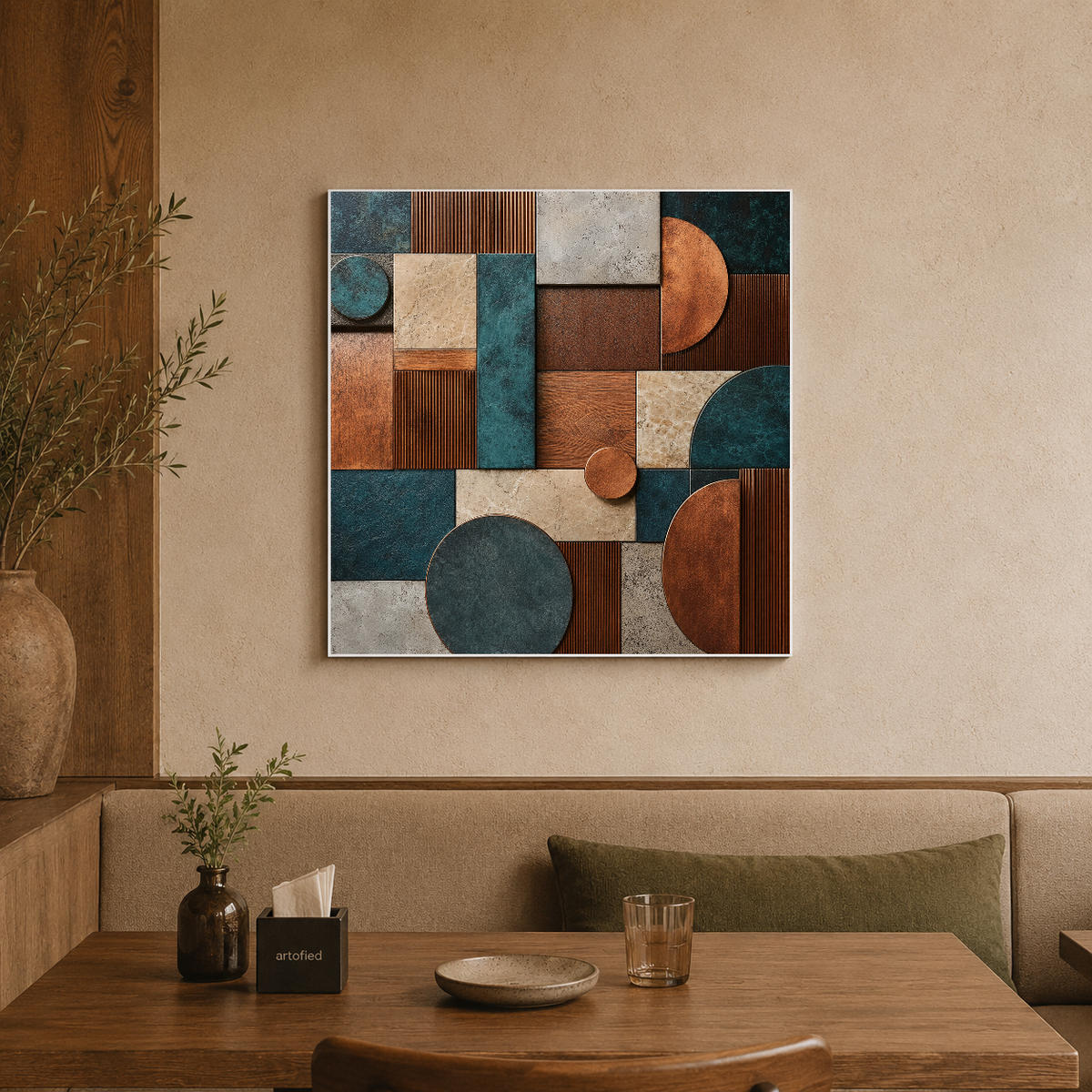 Geometric Tapestry in Teal and Copper – Interlocking forms in teal and copper – Premium Metal Poster - Artofied
