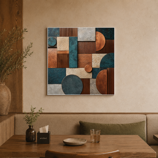 Geometric Tapestry in Teal and Copper – Interlocking forms in teal and copper – Premium Metal Poster - Artofied