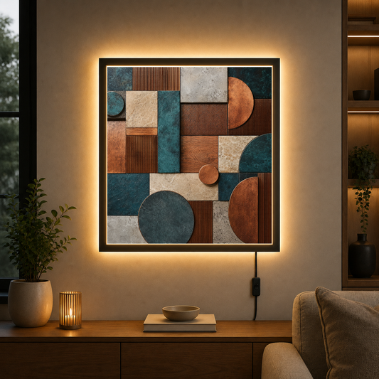 Geometric Tapestry in Teal and Copper – Interlocking forms in teal and copper – Photo Frame Wall Lamp - Artofied