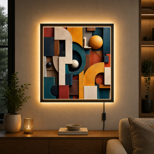 Geometric Tapestry in Warm Earth Tones – Carved shadows shift with every glance – Acrylic Glowing Frame - Artofied