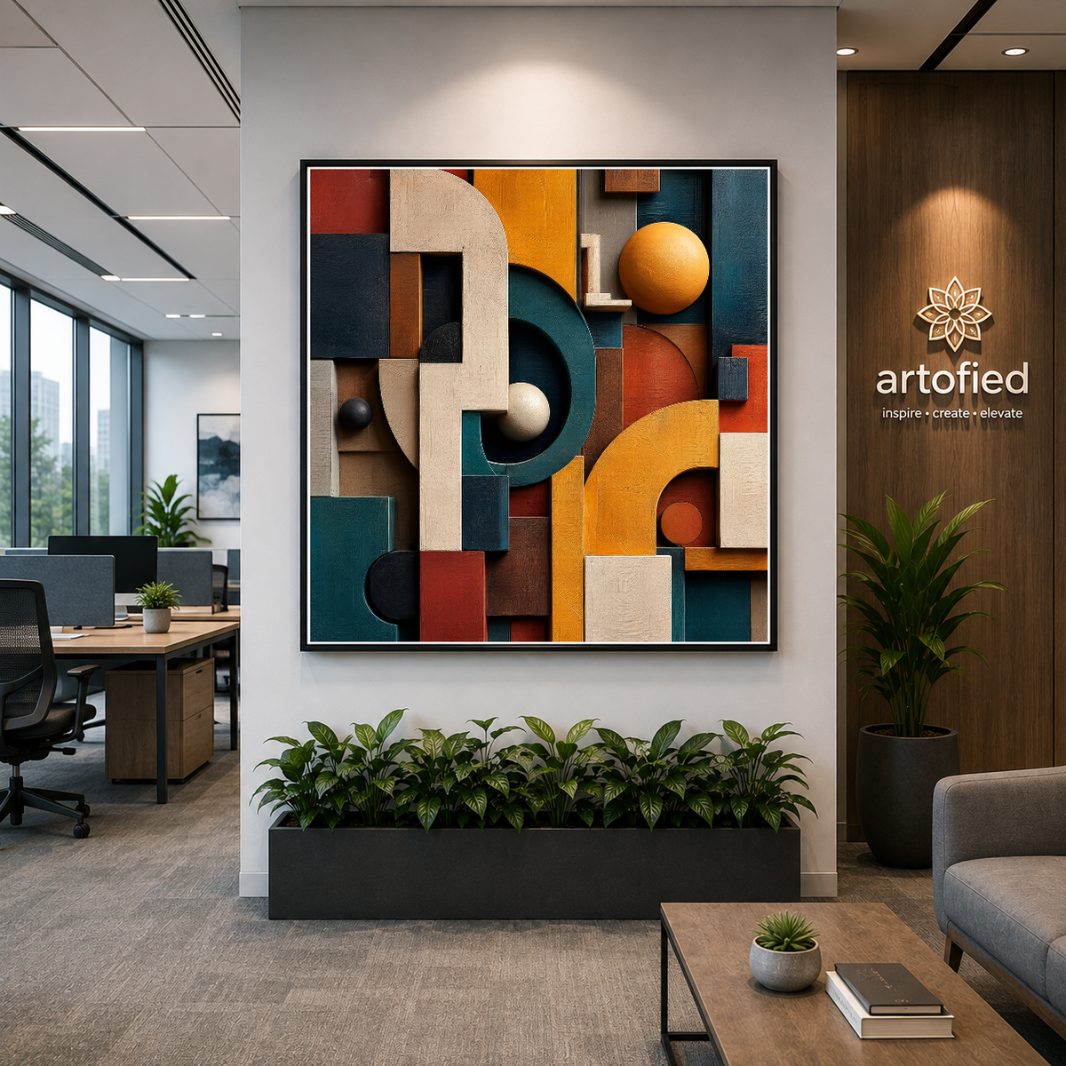 Geometric Tapestry in Warm Earth Tones – Carved shadows shift with every glance – Framed Metal Poster - Artofied