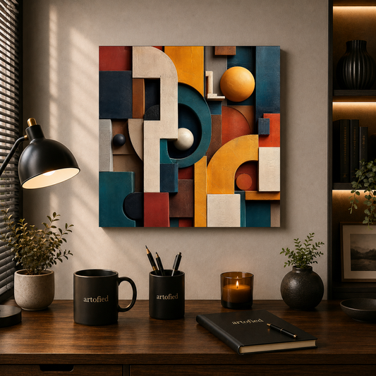 Geometric Tapestry in Warm Earth Tones – Carved shadows shift with every glance – Premium Metal Poster - Artofied
