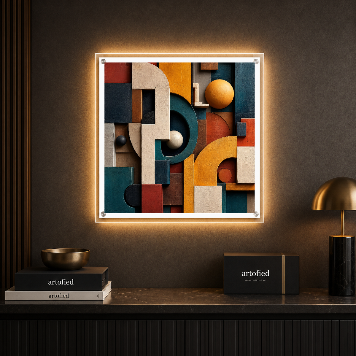 Geometric Tapestry in Warm Earth Tones – Carved shadows shift with every glance – Photo Frame Wall Lamp - Artofied