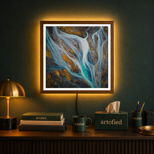 Glacial Rivers: Aerial Water Dance – Glacial meltwater etches blue through stone – Acrylic Glowing Frame - Artofied