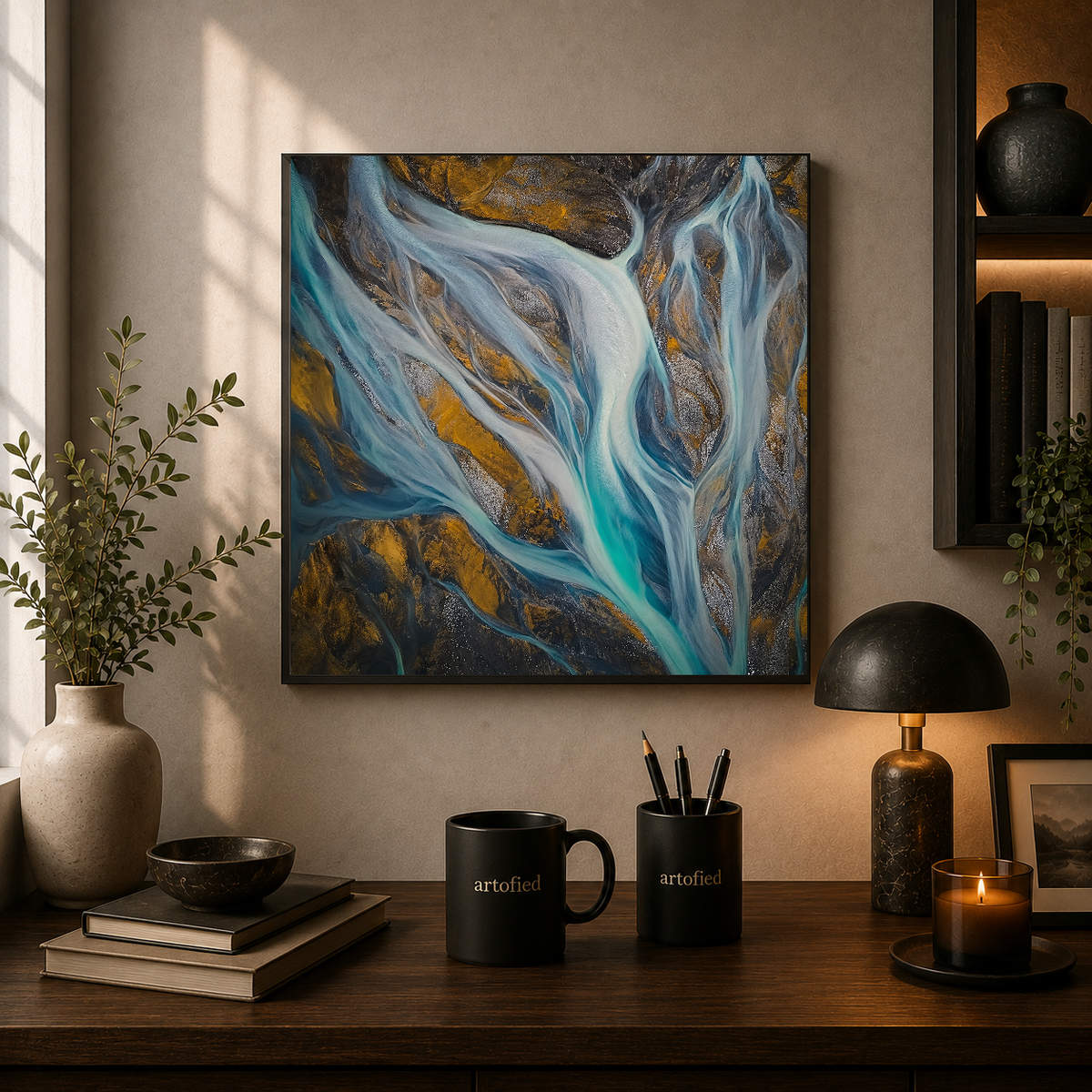 Glacial Rivers: Aerial Water Dance – Glacial meltwater etches blue through stone – Framed Metal Poster - Artofied