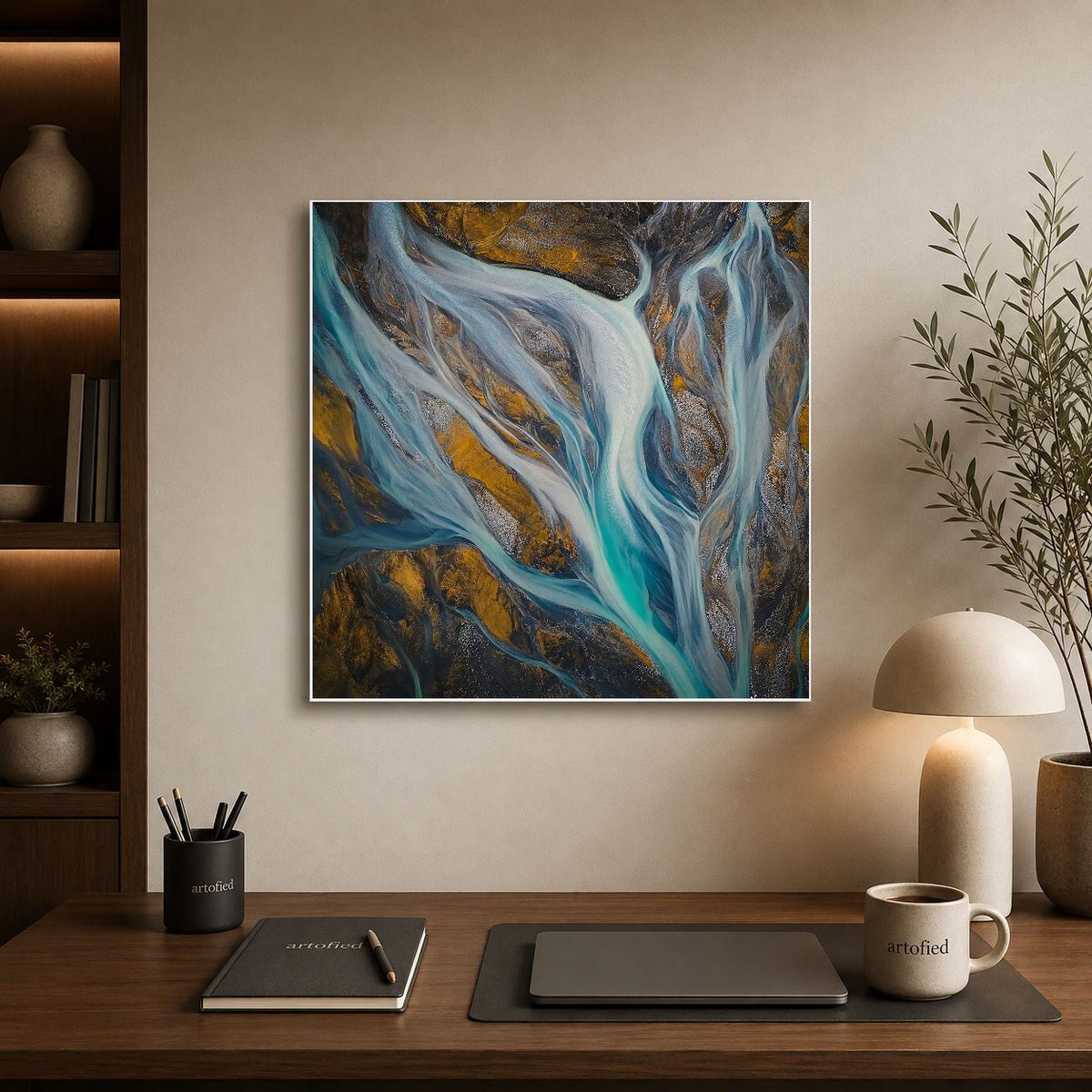 Glacial Rivers: Aerial Water Dance – Glacial meltwater etches blue through stone – Premium Metal Poster - Artofied