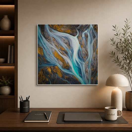 Glacial Rivers: Aerial Water Dance – Glacial meltwater etches blue through stone – Premium Metal Poster - Artofied
