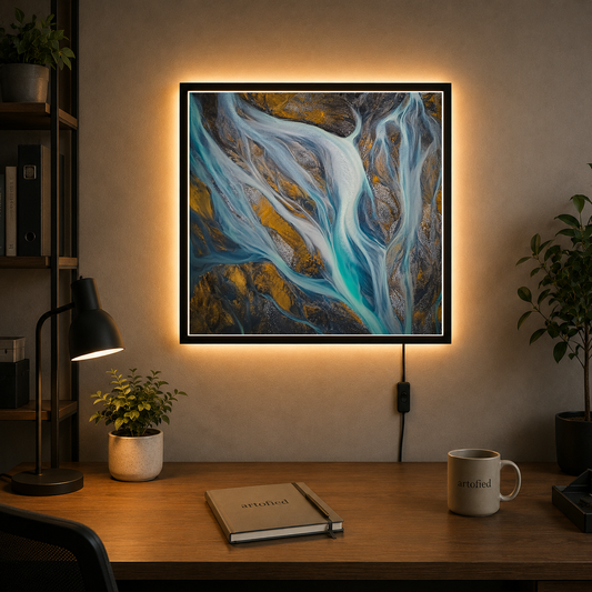 Glacial Rivers: Aerial Water Dance – Glacial meltwater etches blue through stone – Photo Frame Wall Lamp - Artofied