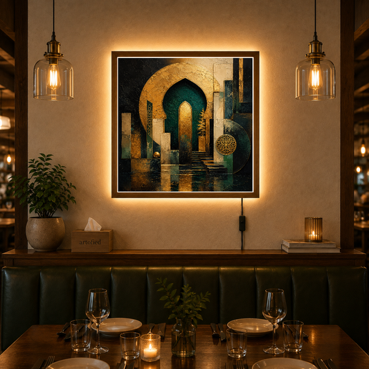 Golden Archway: A Timeless Passage – Gold arches frame shadow into stillness – Acrylic Glowing Frame - Artofied