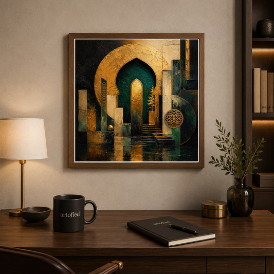 Golden Archway: A Timeless Passage – Gold arches frame shadow into stillness – Framed Metal Poster - Artofied