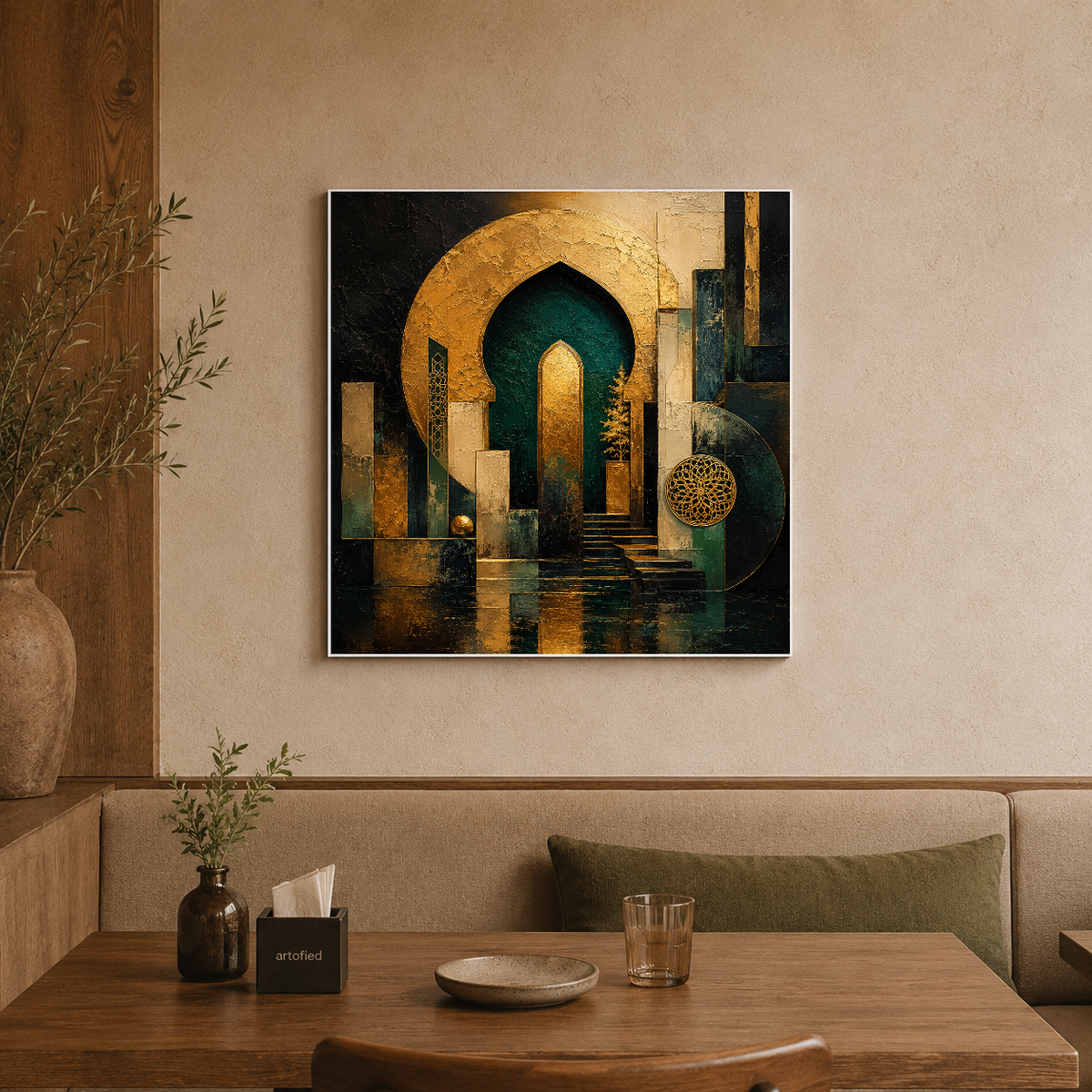 Golden Archway: A Timeless Passage – Gold arches frame shadow into stillness – Premium Metal Poster - Artofied