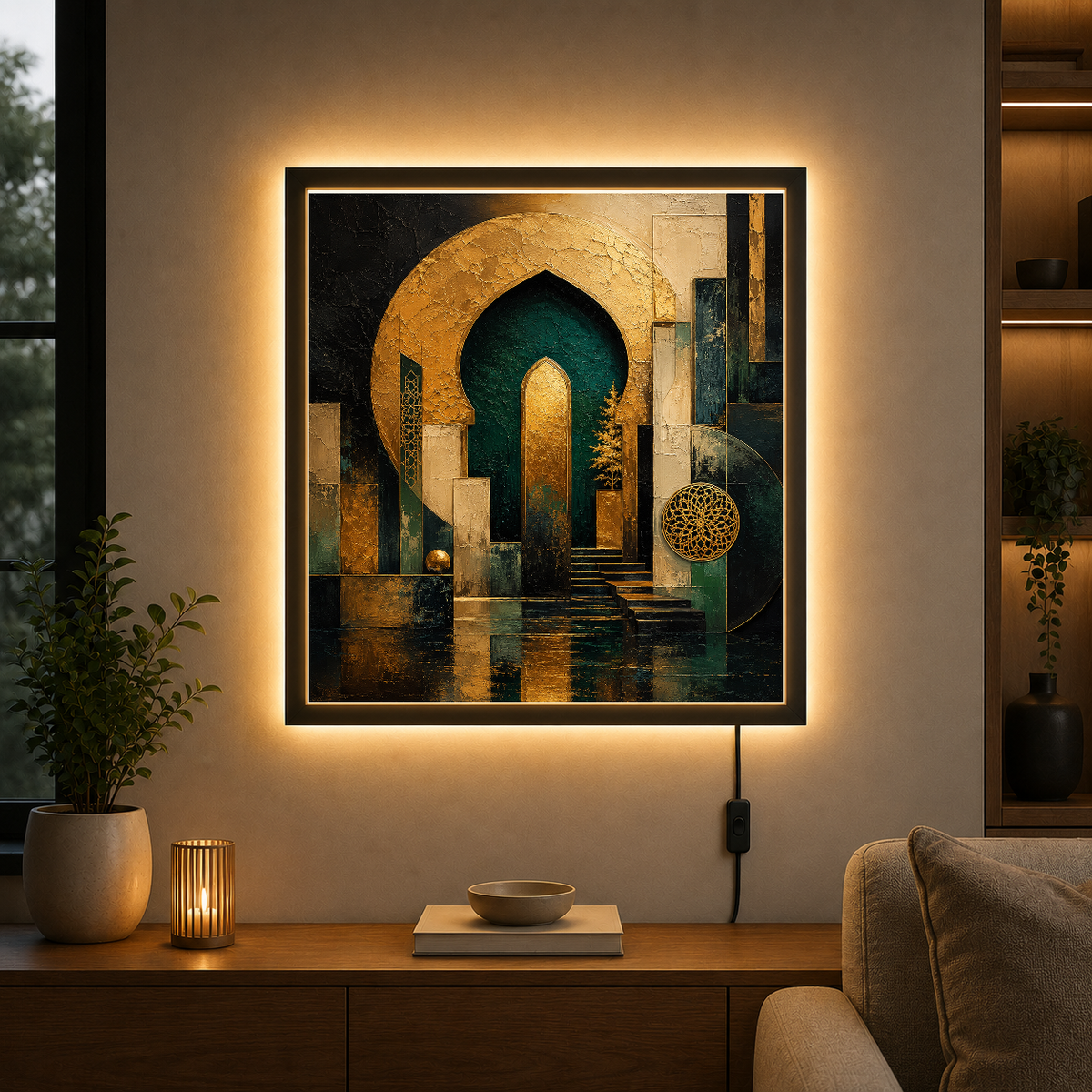 Golden Archway: A Timeless Passage – Gold arches frame shadow into stillness – Photo Frame Wall Lamp - Artofied