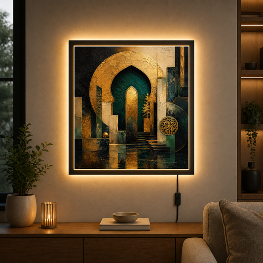 Golden Archway: A Timeless Passage – Gold arches frame shadow into stillness – Photo Frame Wall Lamp - Artofied