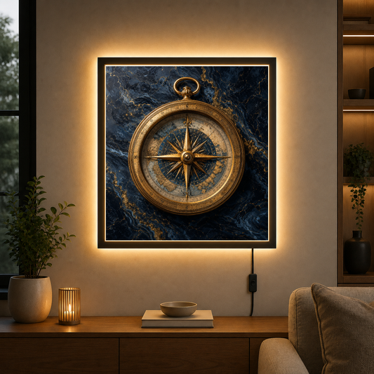 Golden Compass on Marble – Gold needle pointing true on navy stone – Acrylic Glowing Frame - Artofied