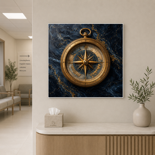Golden Compass on Marble – Gold needle pointing true on navy stone – Premium Metal Poster - Artofied