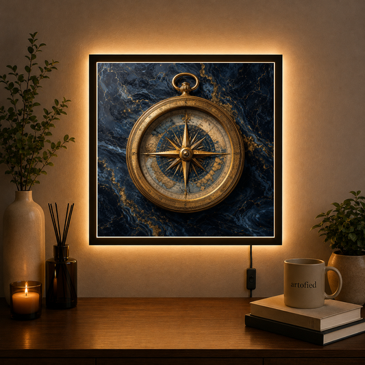 Golden Compass on Marble – Gold needle pointing true on navy stone – Photo Frame Wall Lamp - Artofied
